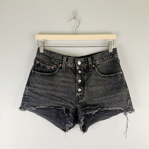 Levi's 501 High Waist Cutoff Raw Frayed Hem Denim Jean Shorts Size 26 Black - Picture 2 of 13